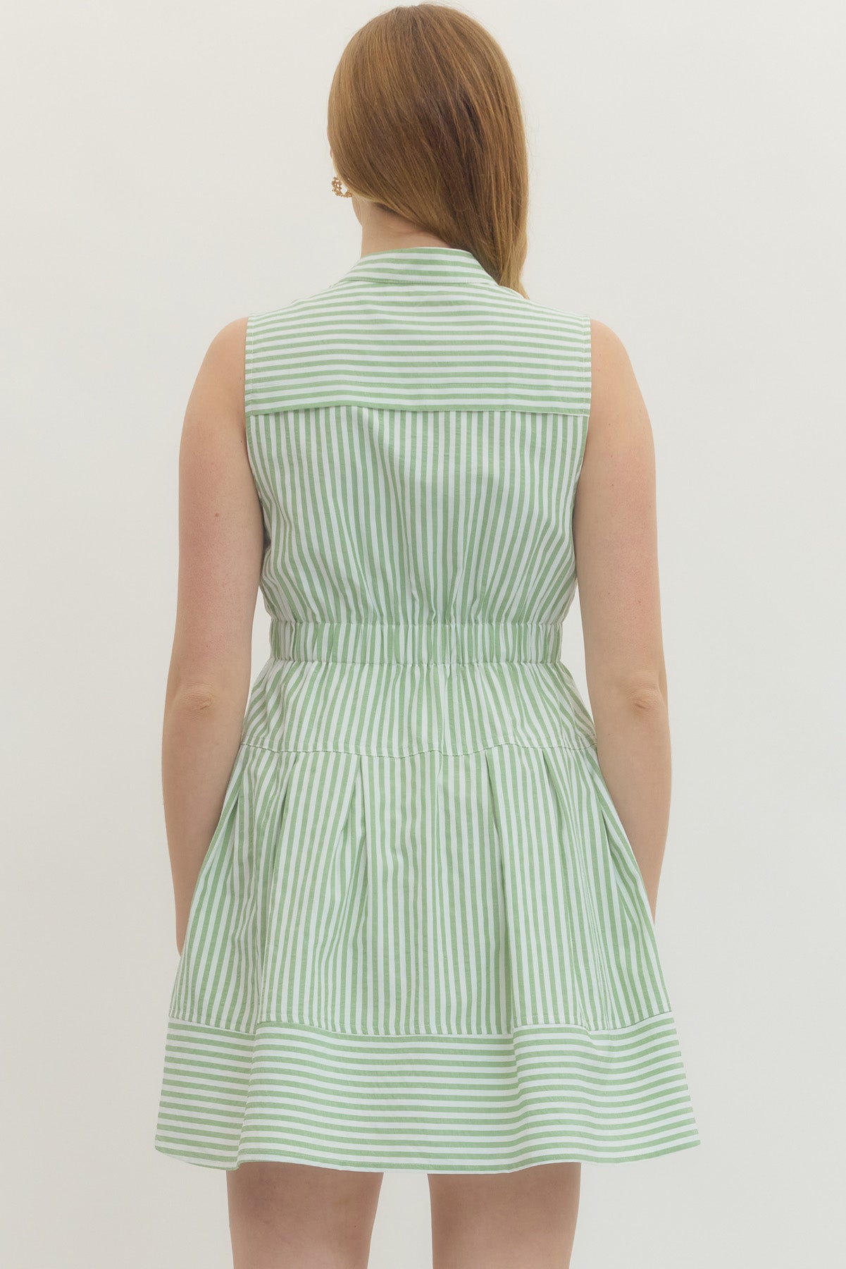 Sage Striped Sleeveless Button Down Mini Dress