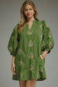 Embroidered 3/4 Puff Sleeve Mini Dress