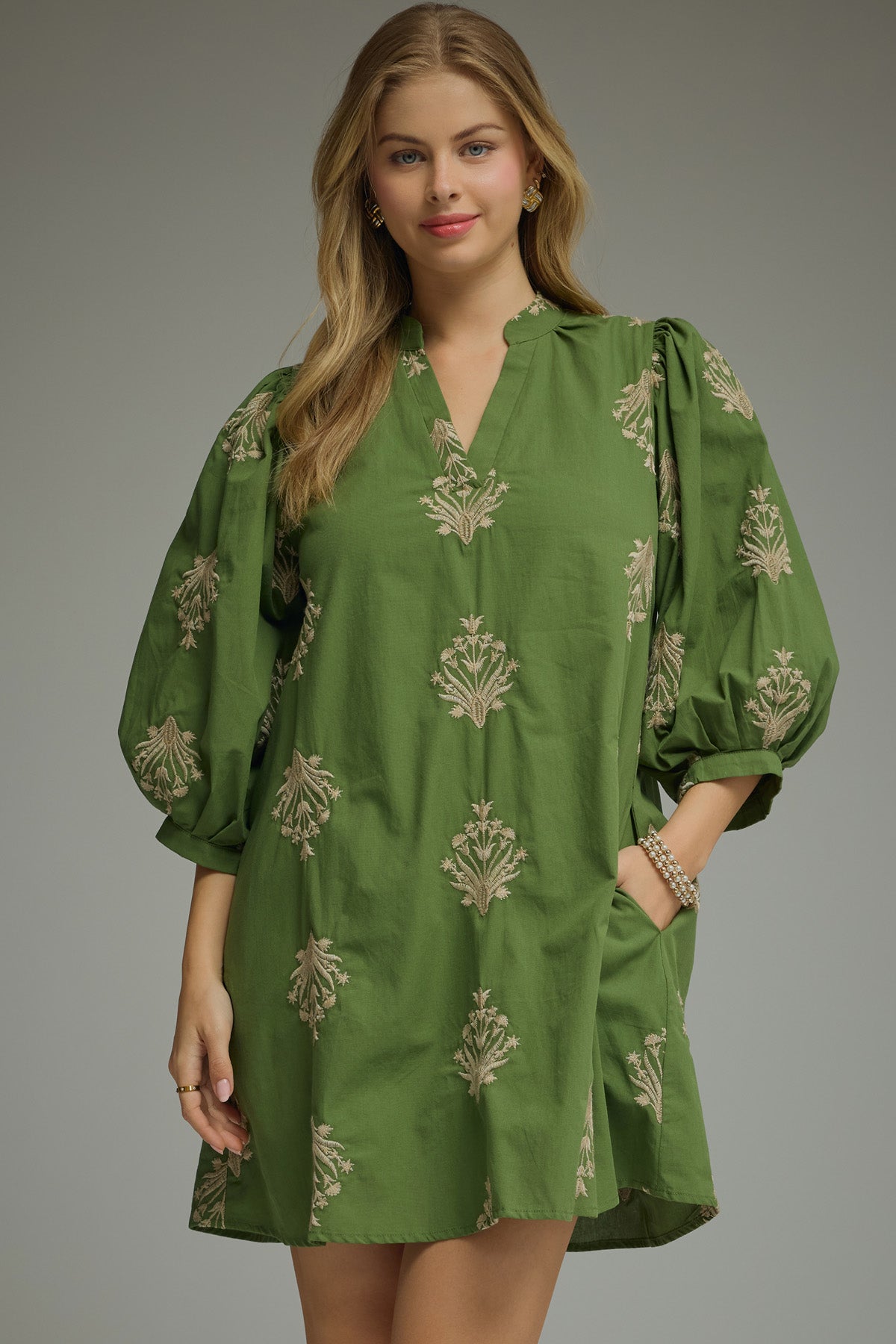 Embroidered 3/4 Puff Sleeve Mini Dress