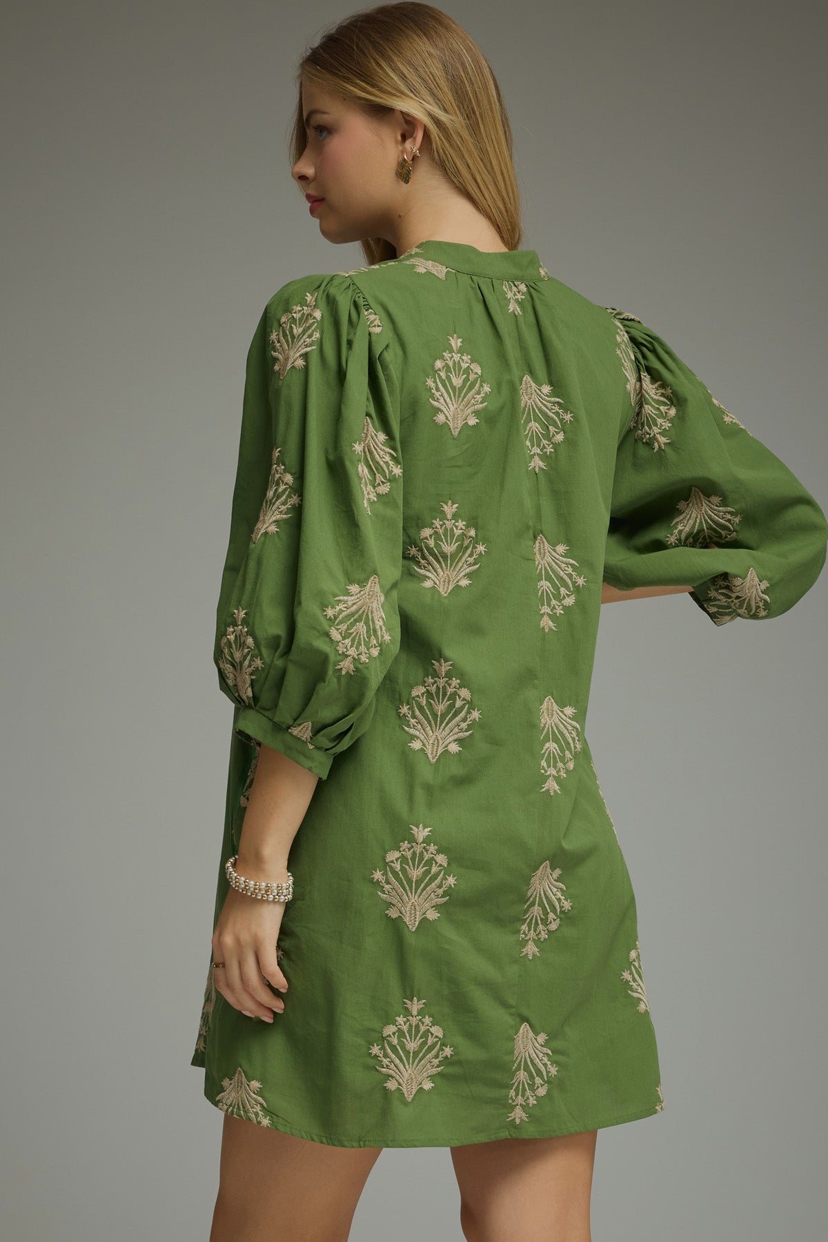 Embroidered 3/4 Puff Sleeve Mini Dress