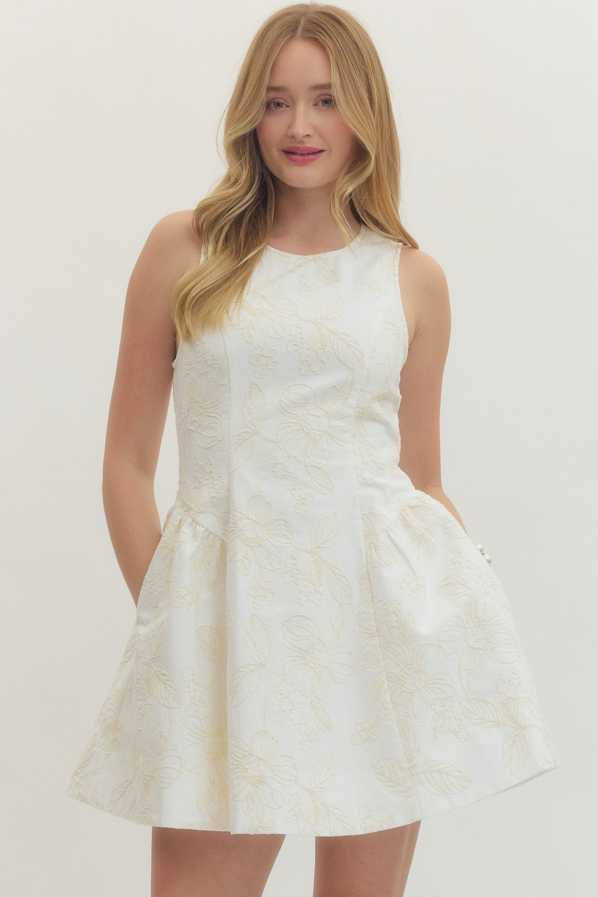 Cream Floral embroidered sleeveless mini dress
