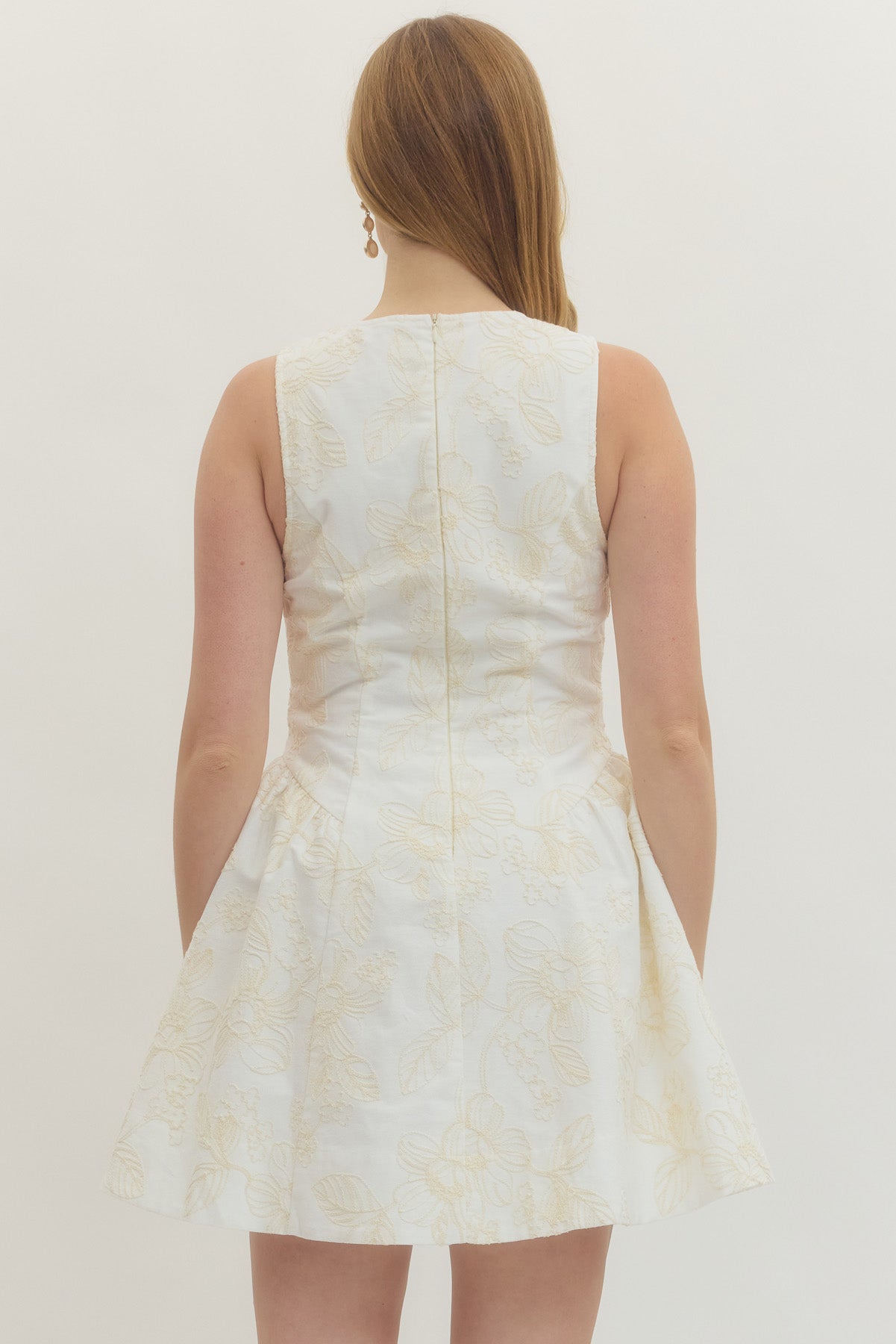 Cream Floral embroidered sleeveless mini dress