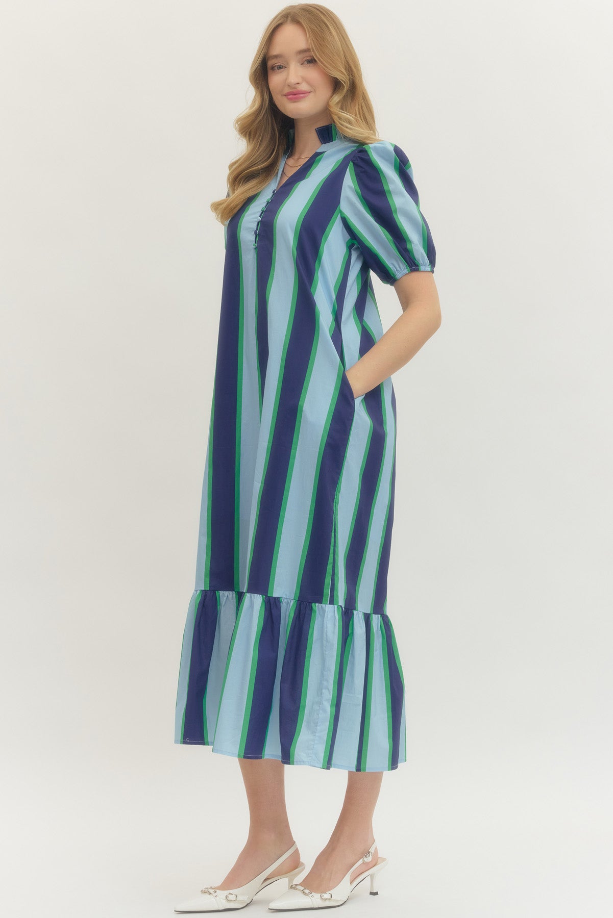Blue/Green Striped Midi Dress