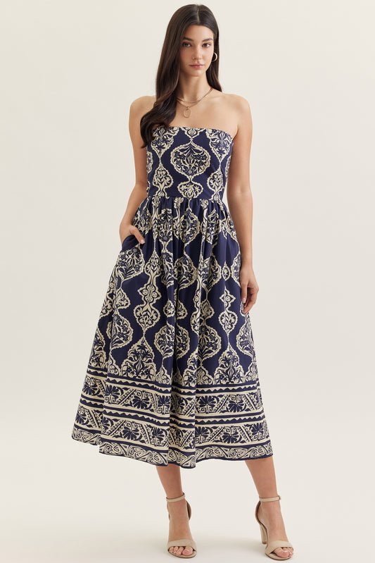 Navy Printed Strapless Midi