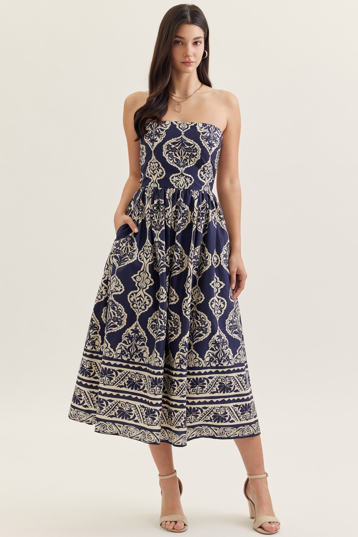 Navy Printed Strapless Midi