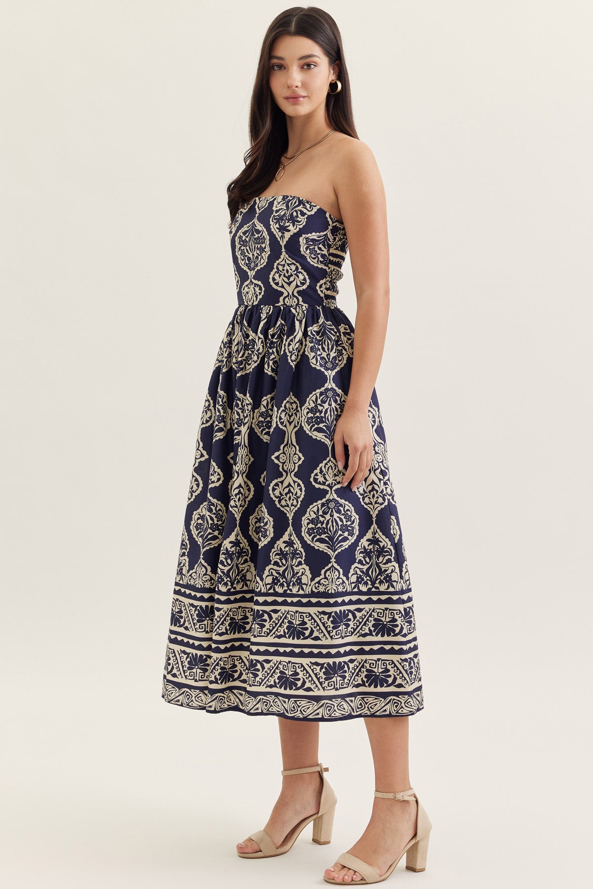 Navy Printed Strapless Midi