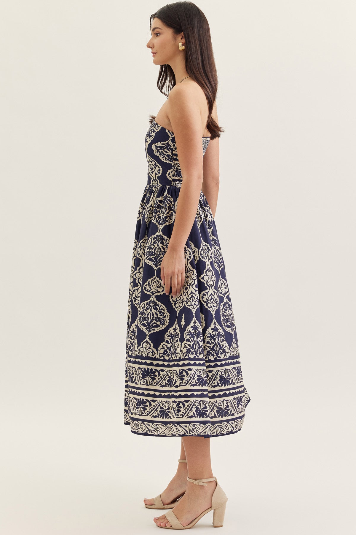 Navy Printed Strapless Midi