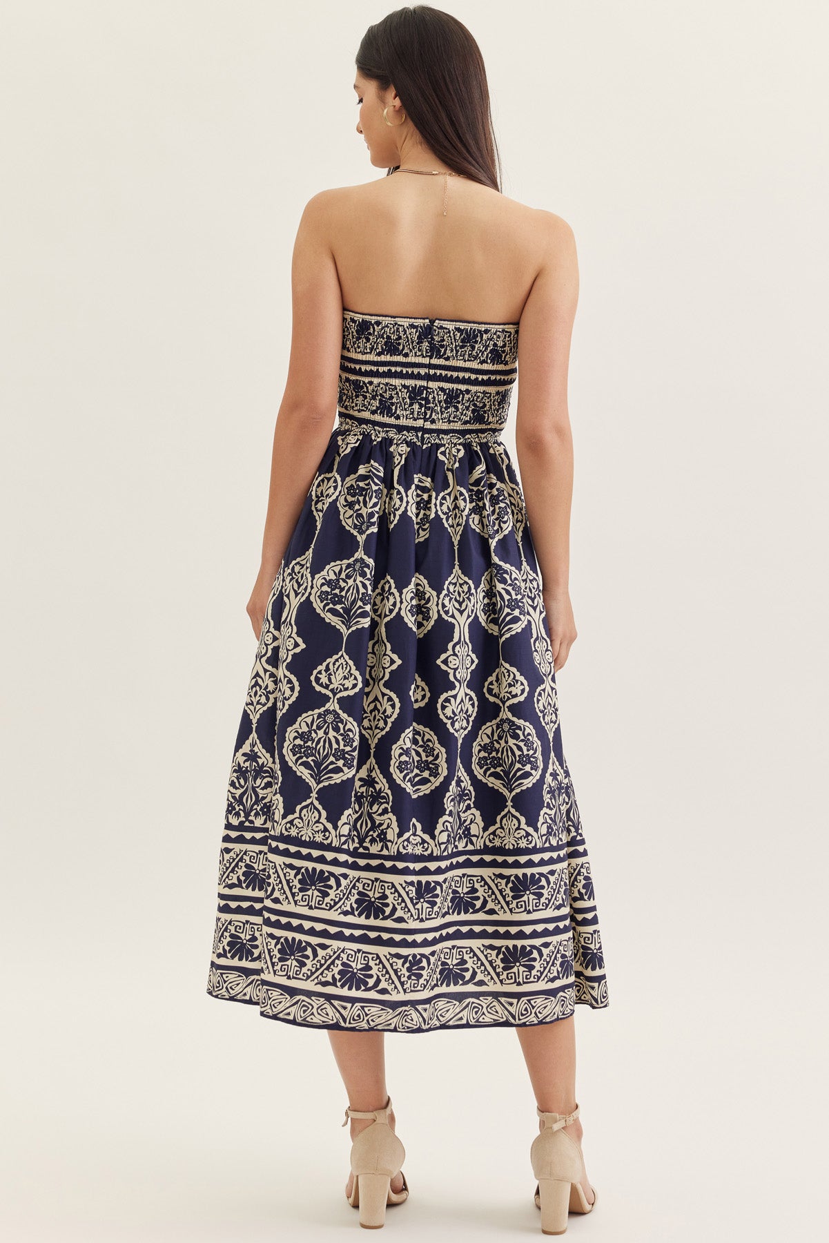 Navy Printed Strapless Midi