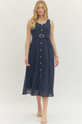 Navy Sleeveless Eyelet Midi Dress
