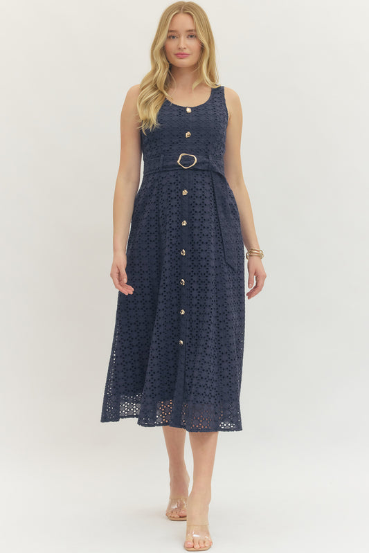 Navy Sleeveless Eyelet Midi Dress
