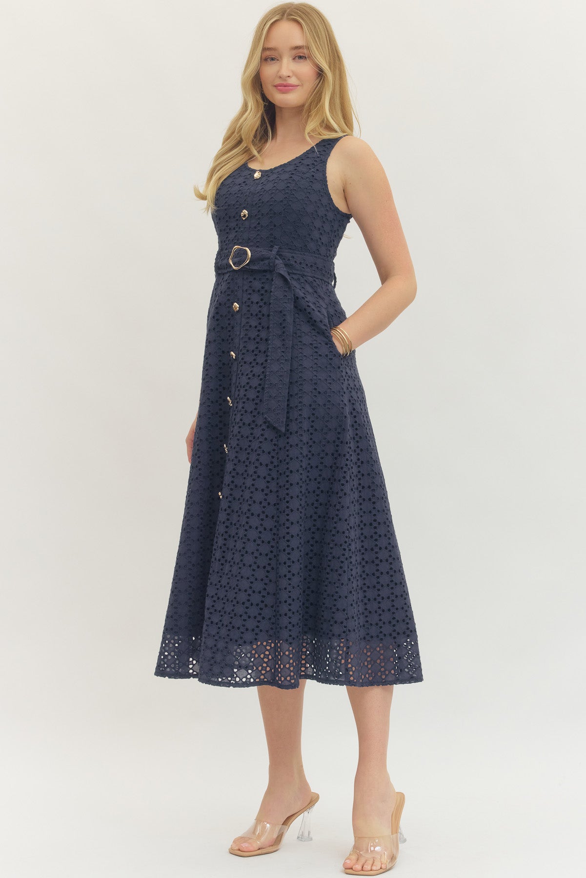Navy Sleeveless Eyelet Midi Dress