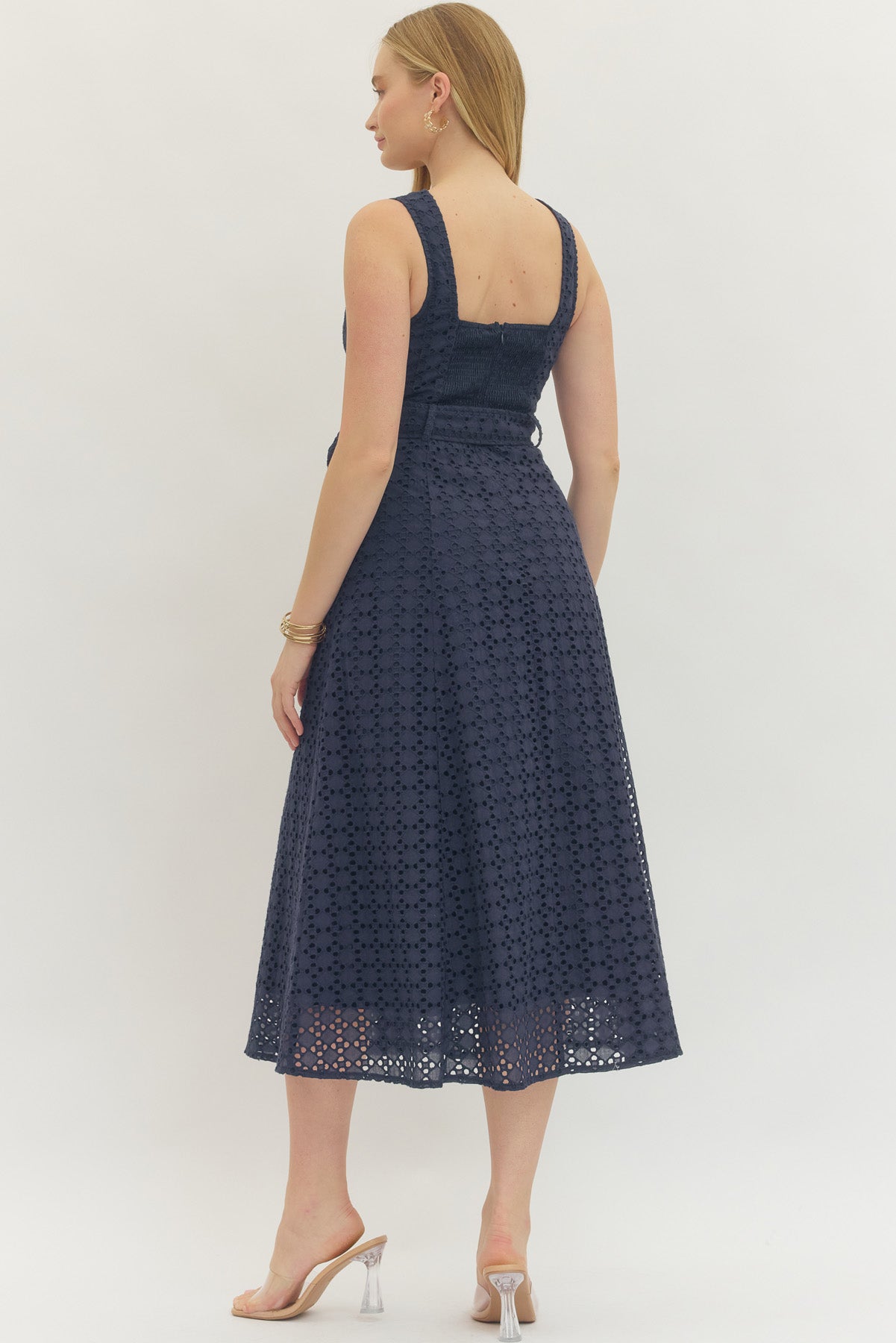 Navy Sleeveless Eyelet Midi Dress