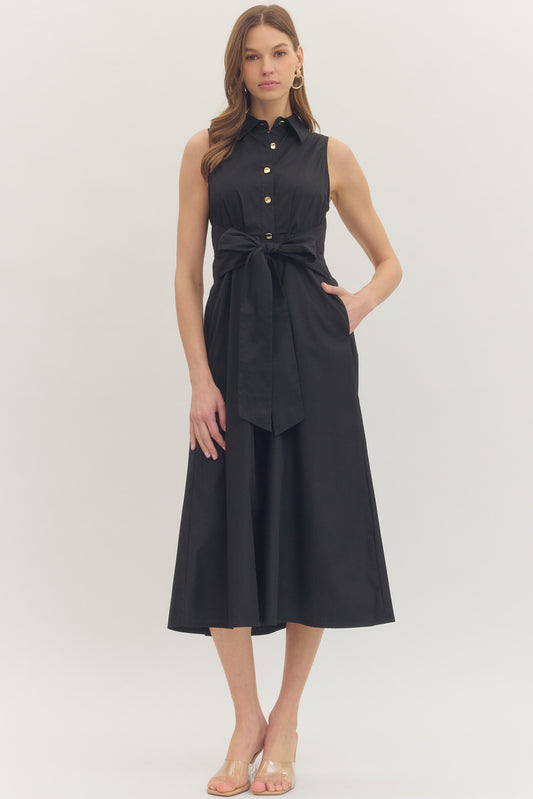 Black Sleeveless Midi Dress with Waist Tie