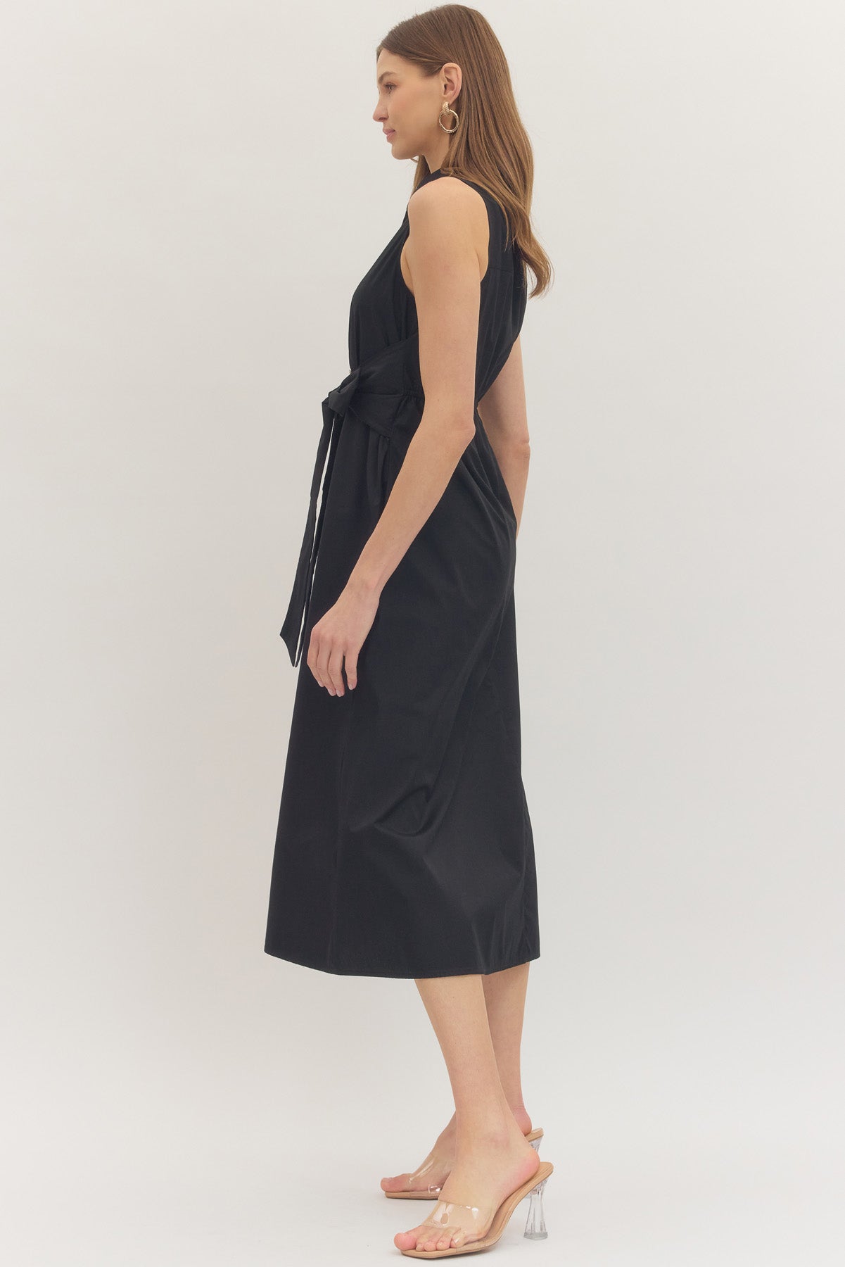 Black Sleeveless Midi Dress with Waist Tie