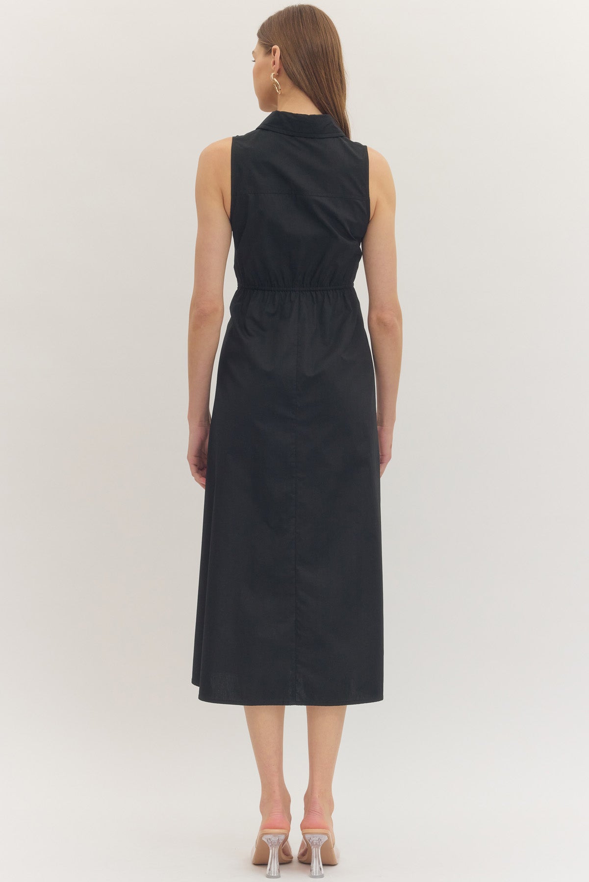 Black Sleeveless Midi Dress with Waist Tie