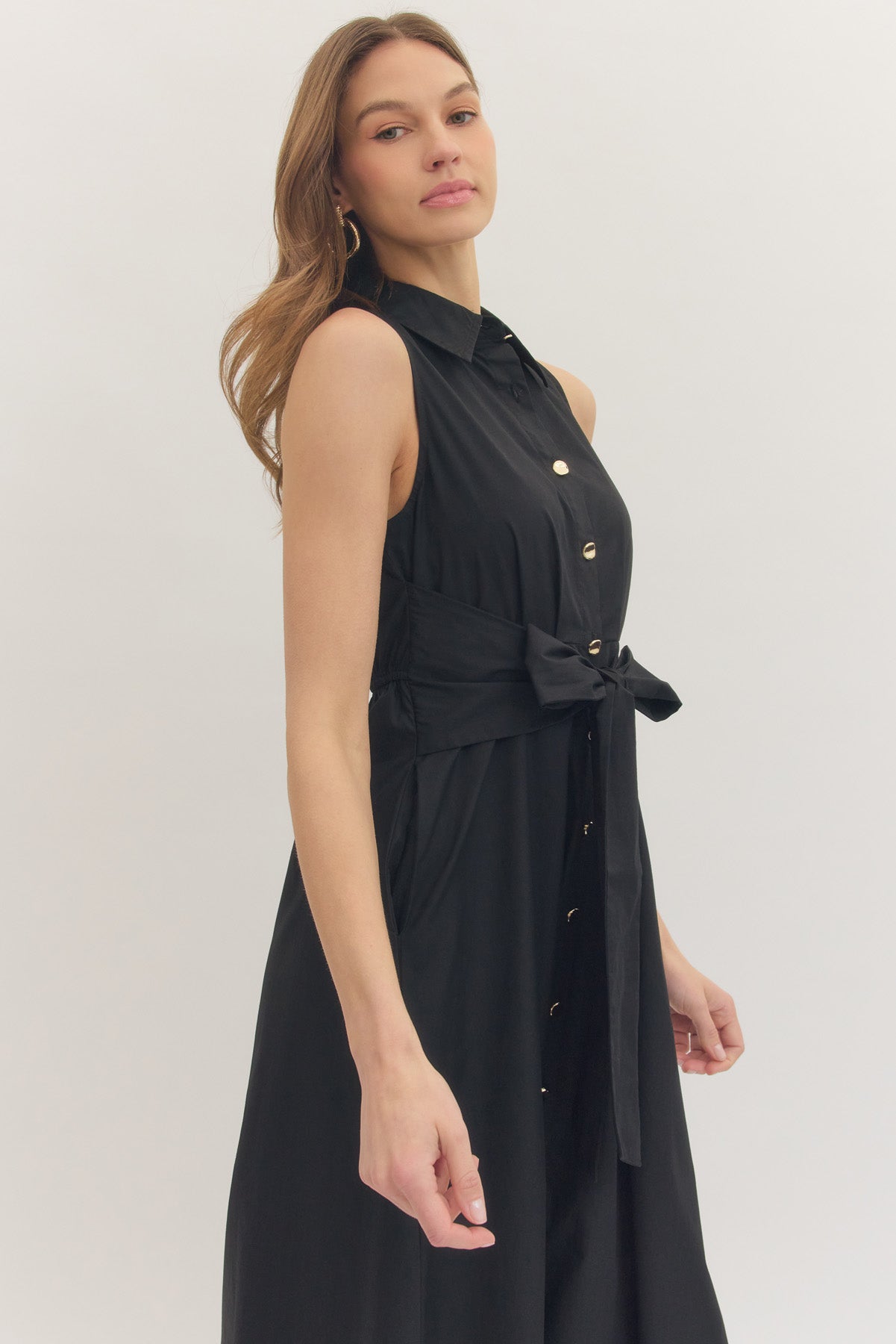 Black Sleeveless Midi Dress with Waist Tie