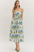 White & Blue Floral Strapless Midi Dress