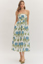White & Blue Floral Strapless Midi Dress