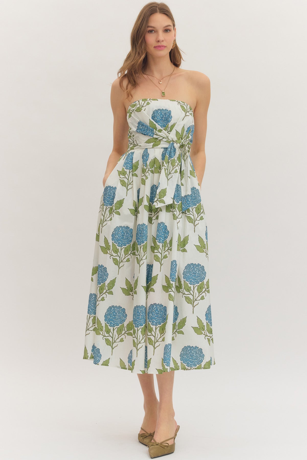 White & Blue Floral Strapless Midi Dress