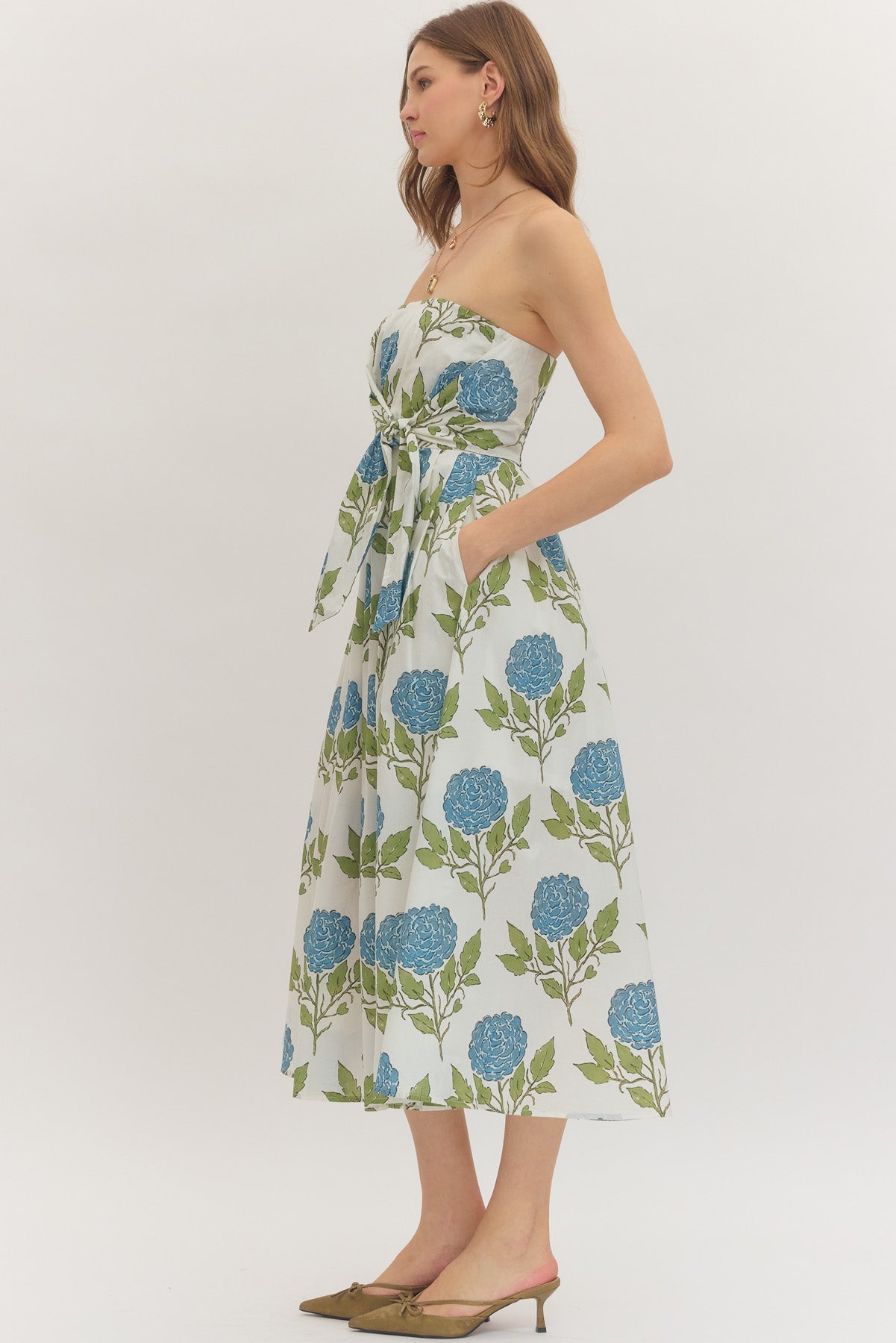 White & Blue Floral Strapless Midi Dress
