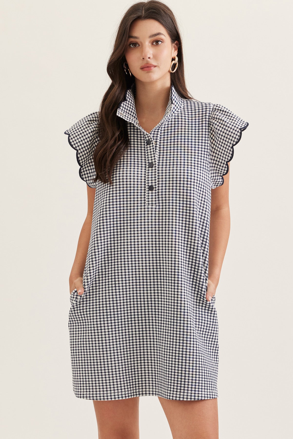 Navy Gingham Flutter Sleeve Mini Dress