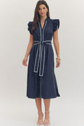 Navy Solid Cap Sleeve Midi with Contrast Trim