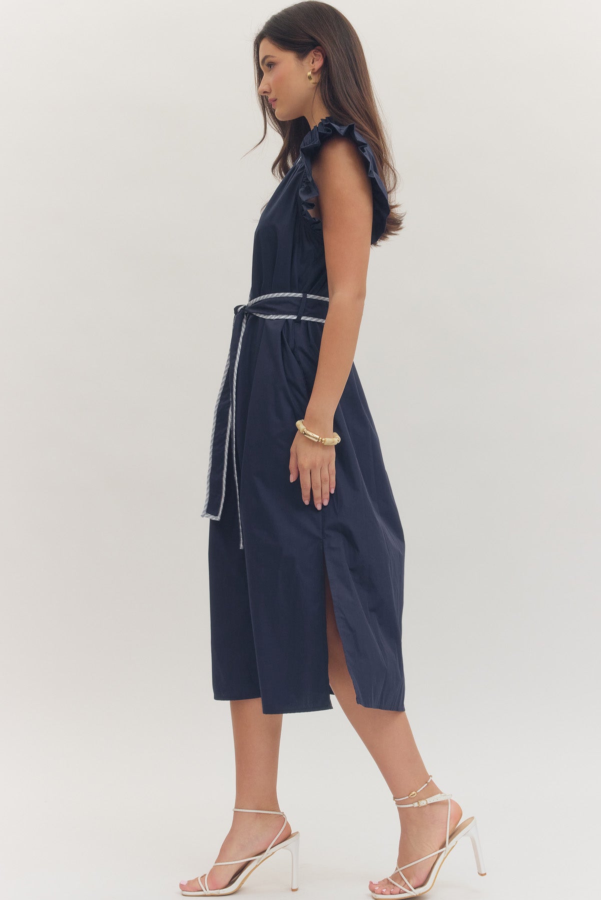 Navy Solid Cap Sleeve Midi with Contrast Trim