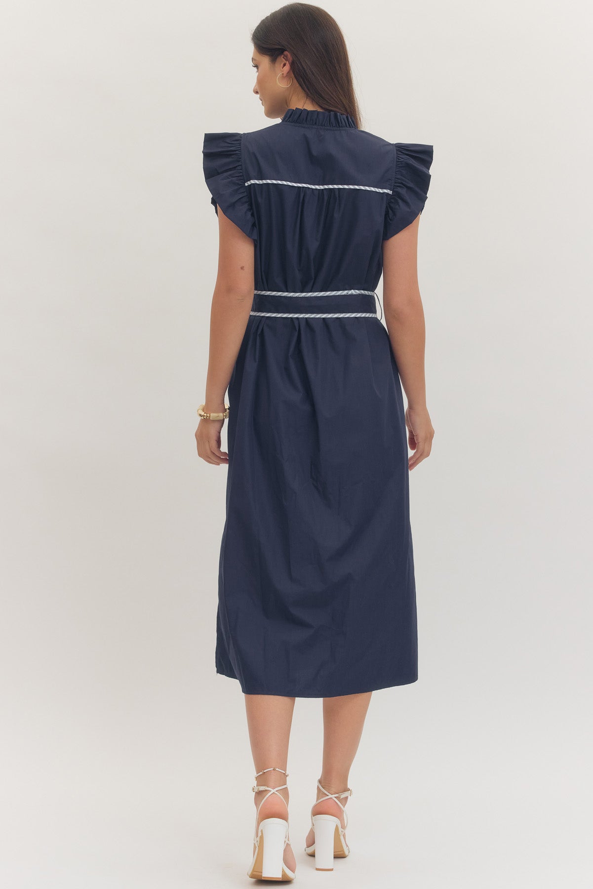 Navy Solid Cap Sleeve Midi with Contrast Trim