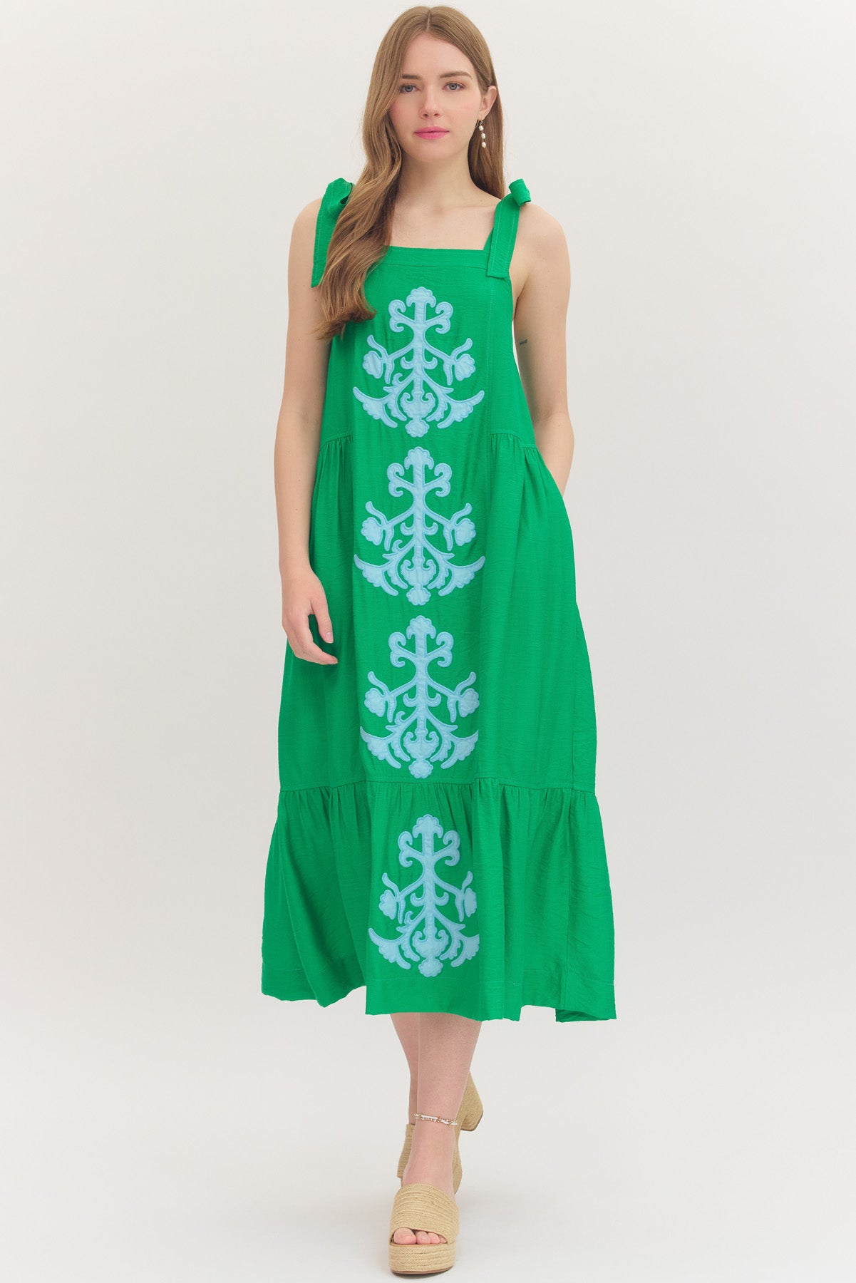 Green Sleeveless Midi Featuring Appliqué Detail