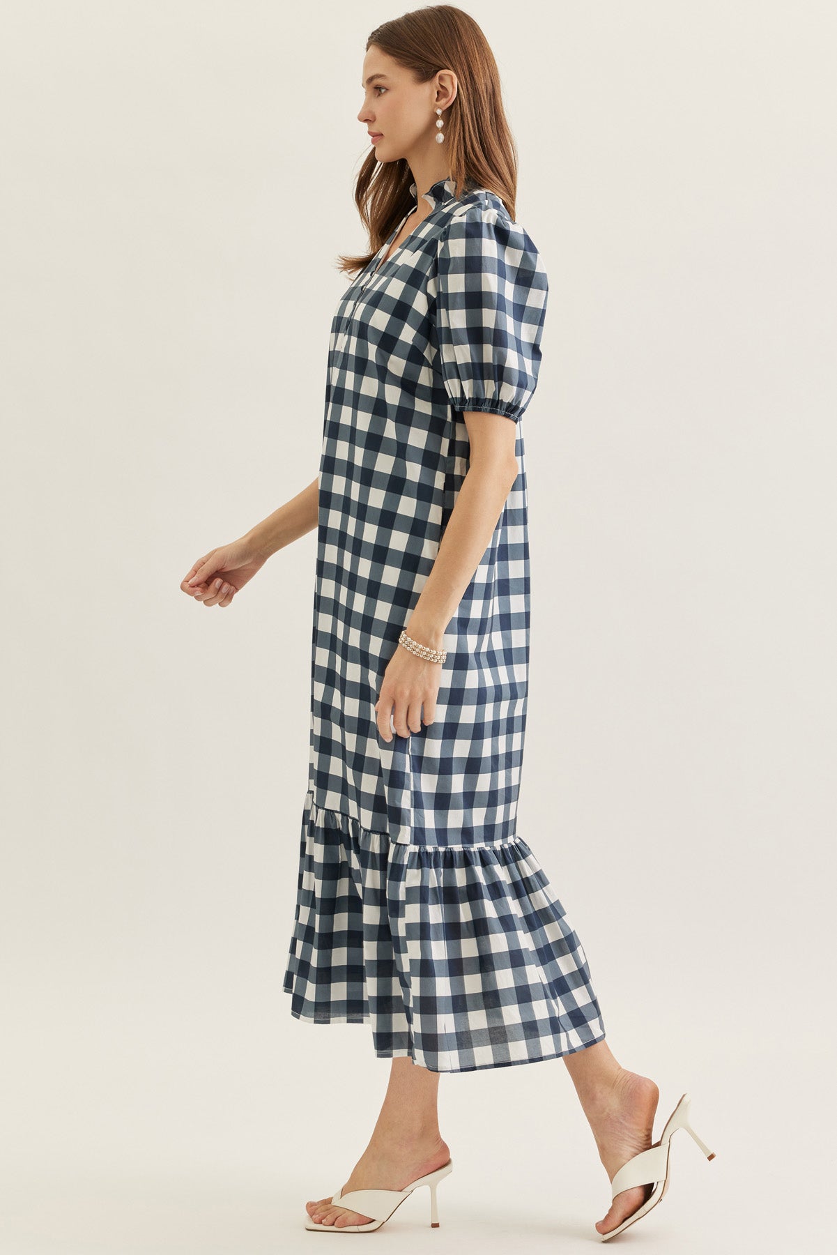 Navy & White Gingham Midi Dress