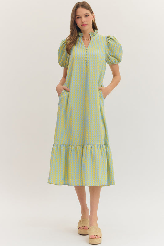 Blue/Yellow Gingham Puff Sleeve Midi