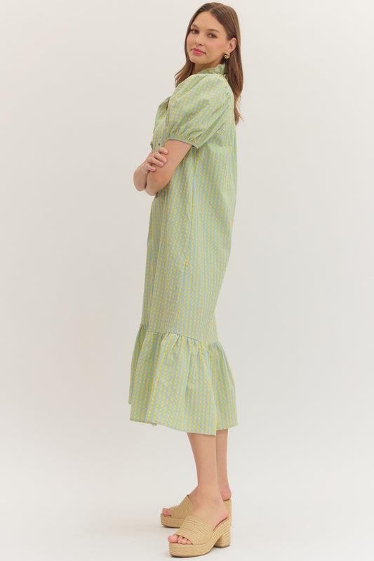 Blue/Yellow Gingham Puff Sleeve Midi