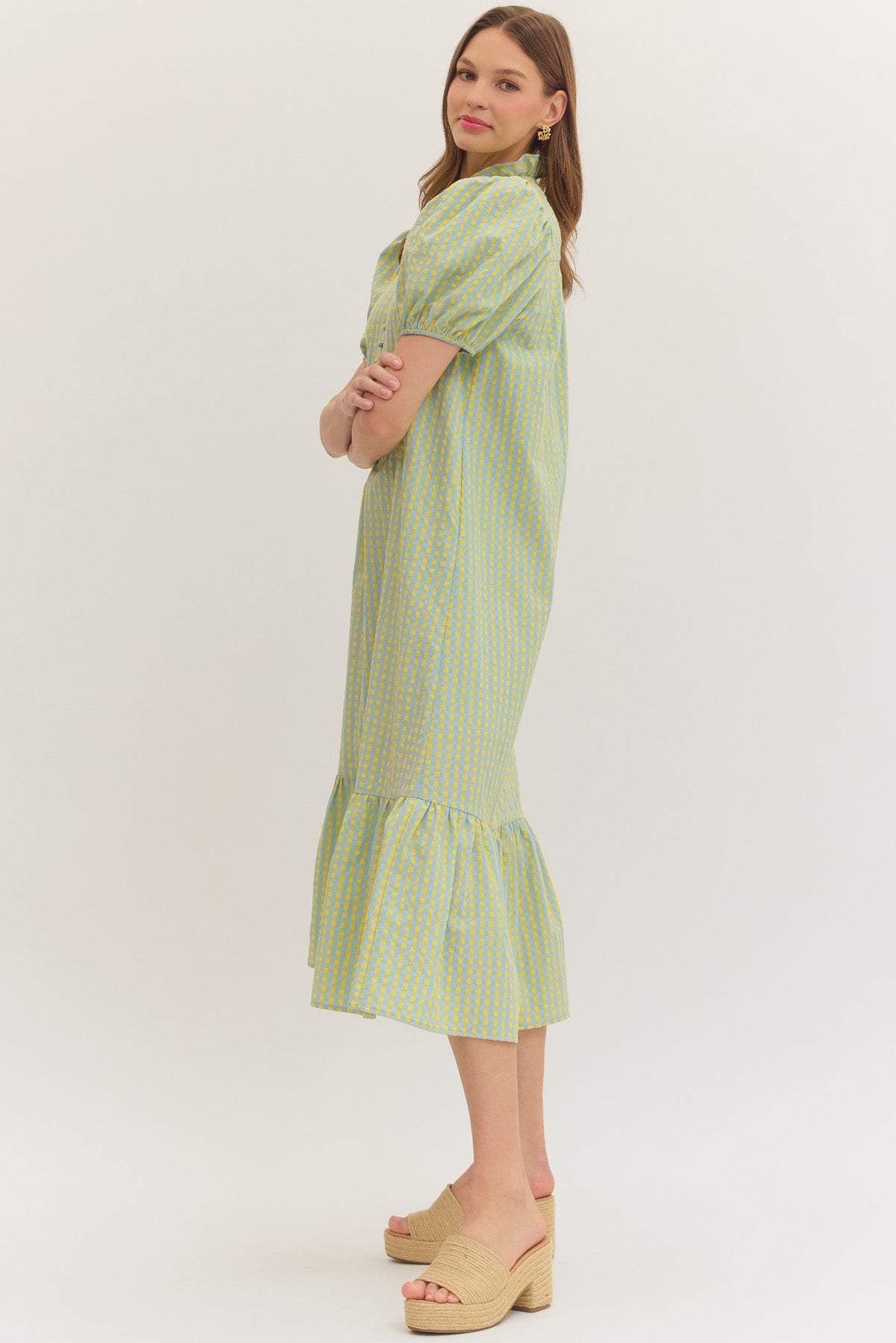 Blue/Yellow Gingham Puff Sleeve Midi