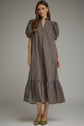 Stripe Short Puff Sleeve Midi Dress Ruffled Neckline
