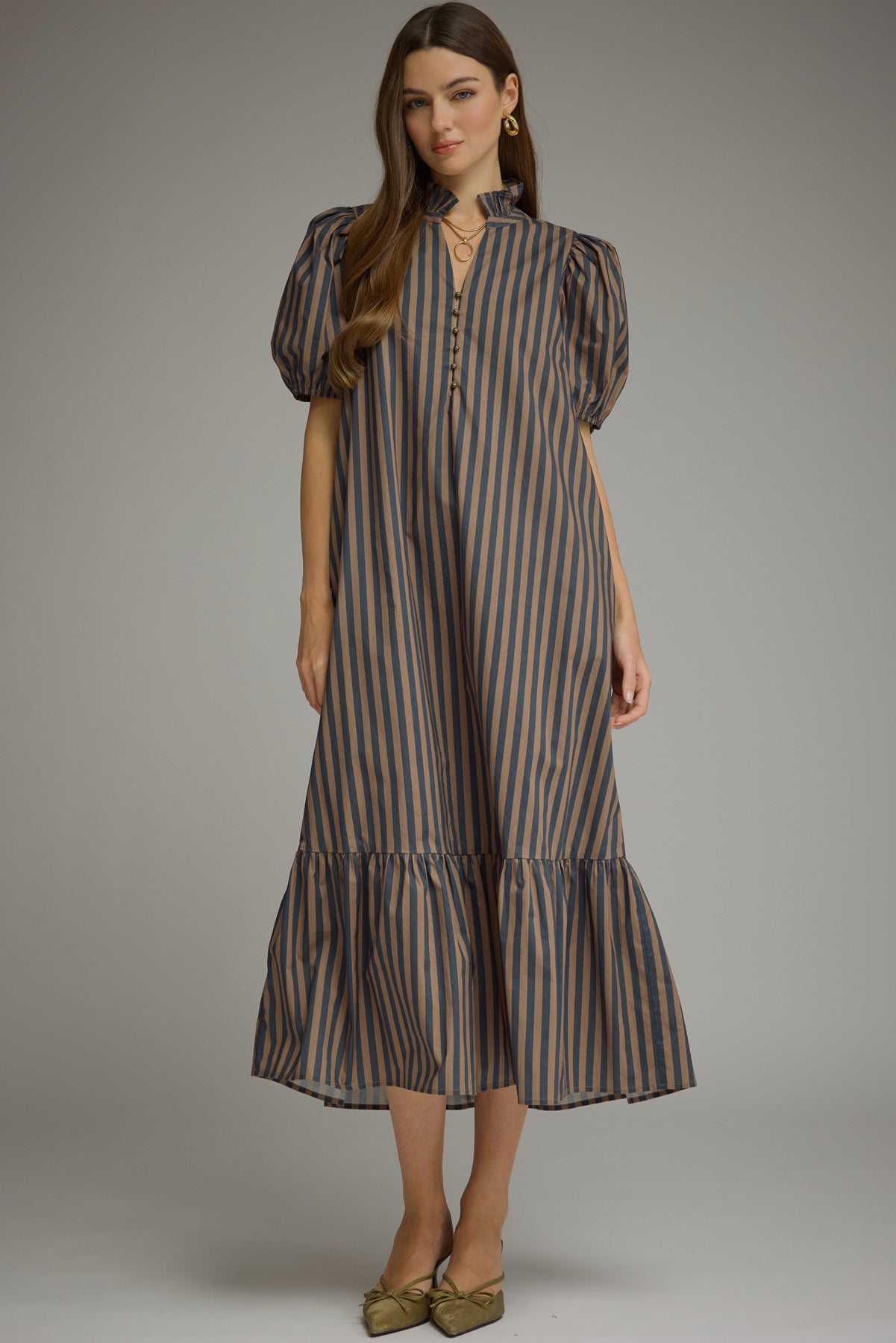 Stripe Short Puff Sleeve Midi Dress Ruffled Neckline