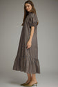 Stripe Short Puff Sleeve Midi Dress Ruffled Neckline
