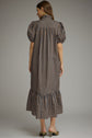 Stripe Short Puff Sleeve Midi Dress Ruffled Neckline