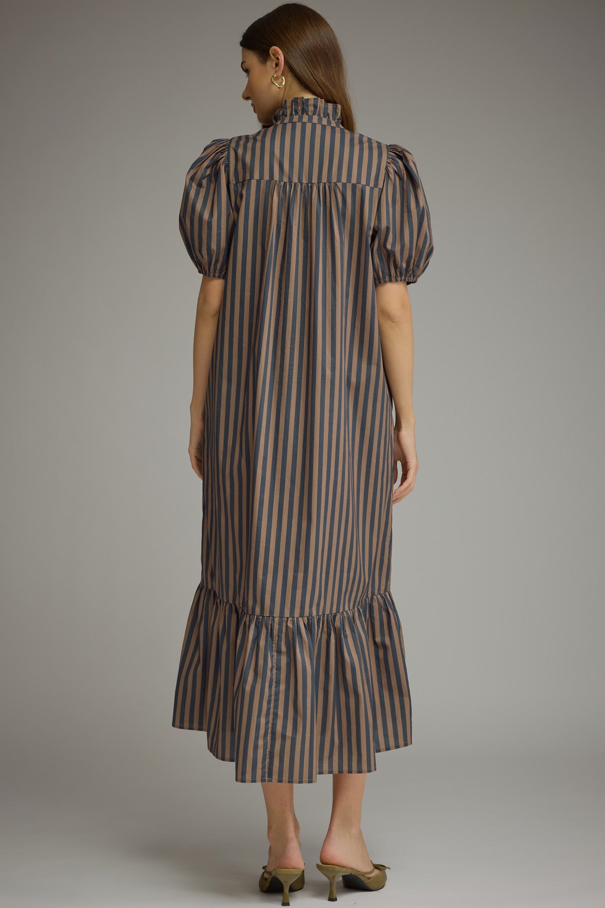 Stripe Short Puff Sleeve Midi Dress Ruffled Neckline