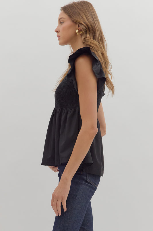 Navy Peplum Smocked Bodice Top
