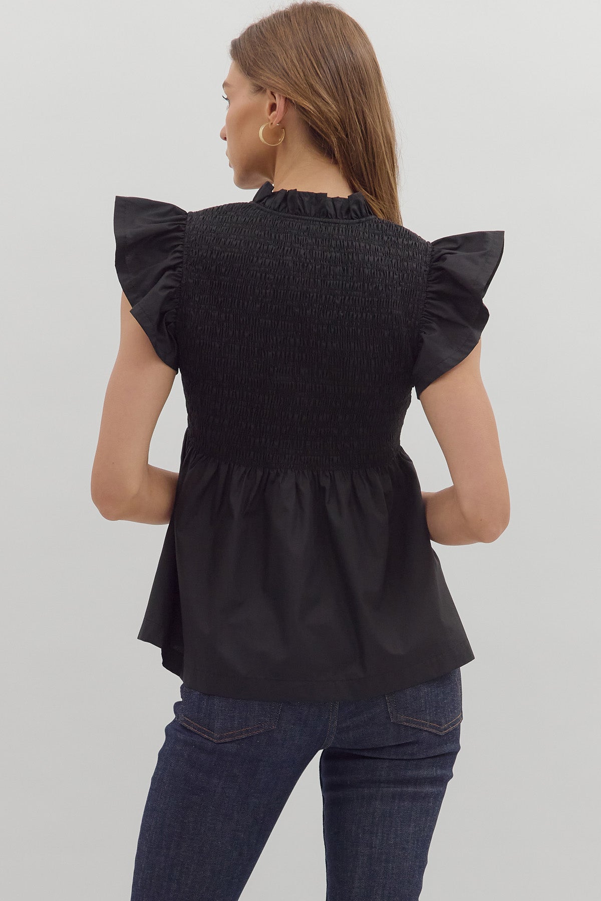 Navy Peplum Smocked Bodice Top