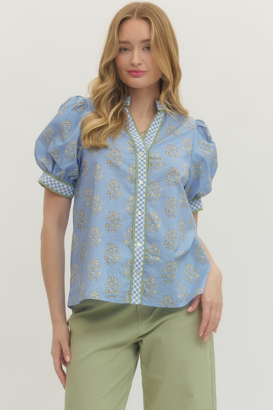 Floral Short Puff Sleeve Top With Gingham Binding