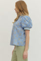 Floral Short Puff Sleeve Top With Gingham Binding