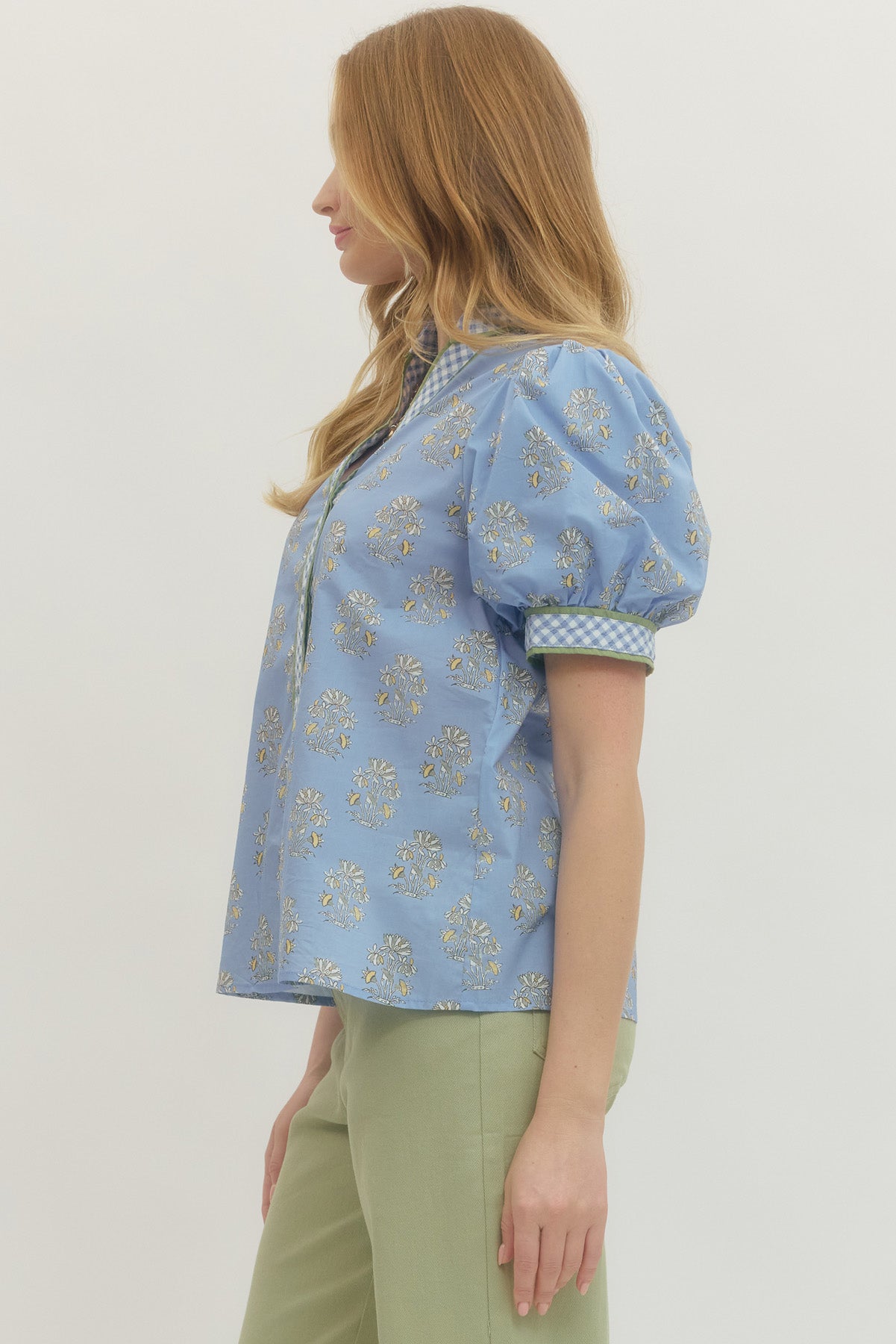 Floral Short Puff Sleeve Top With Gingham Binding
