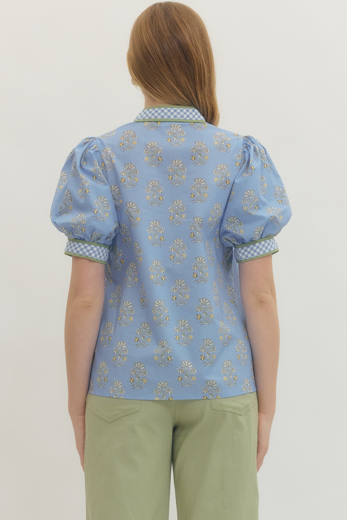 Floral Short Puff Sleeve Top With Gingham Binding