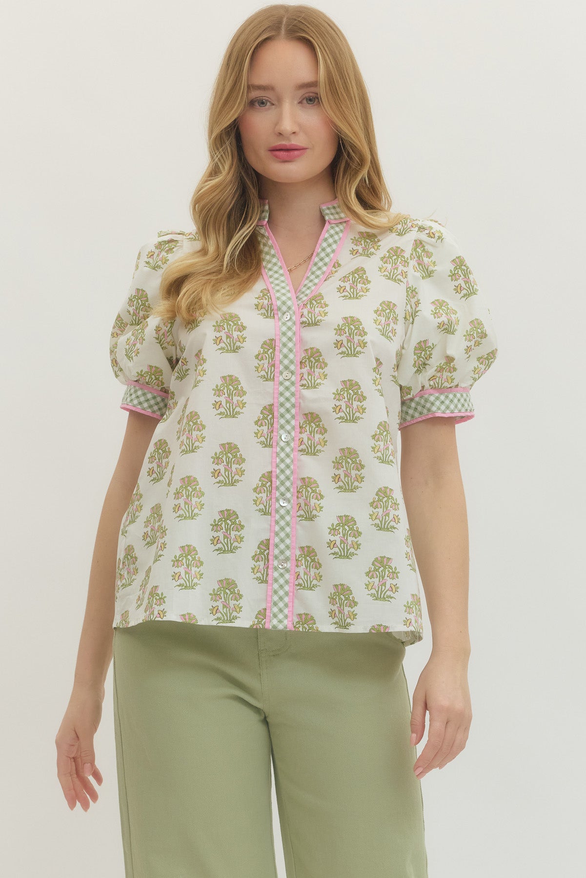 Floral Short Puff Sleeve Top With Gingham Binding