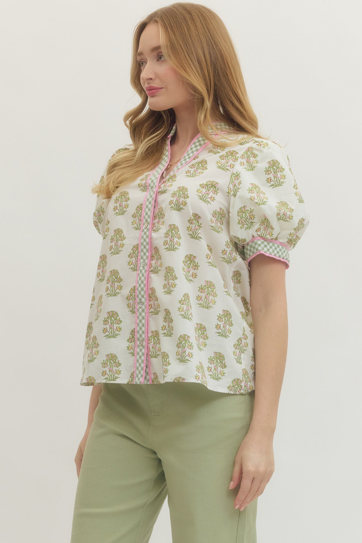 Floral Short Puff Sleeve Top With Gingham Binding