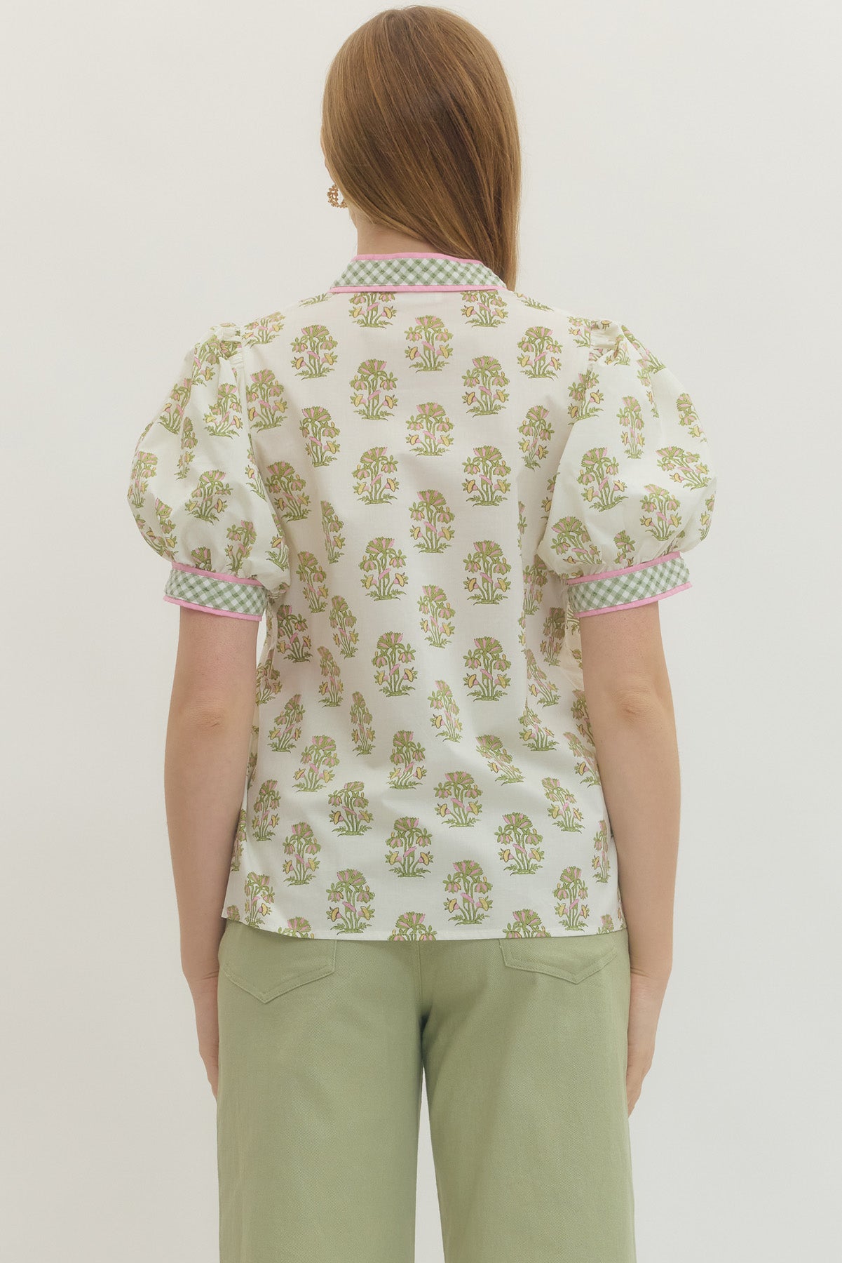 Floral Short Puff Sleeve Top With Gingham Binding