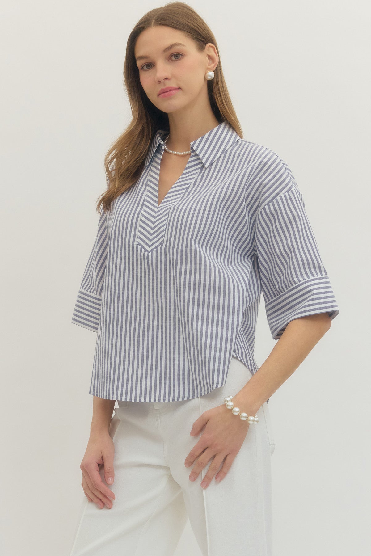 Navy Stripe 3/4 Sleeve Top