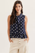 Navy Polka Dot Sleeveless Top Featuring Self Tie Neck