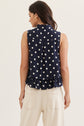 Navy Polka Dot Sleeveless Top Featuring Self Tie Neck